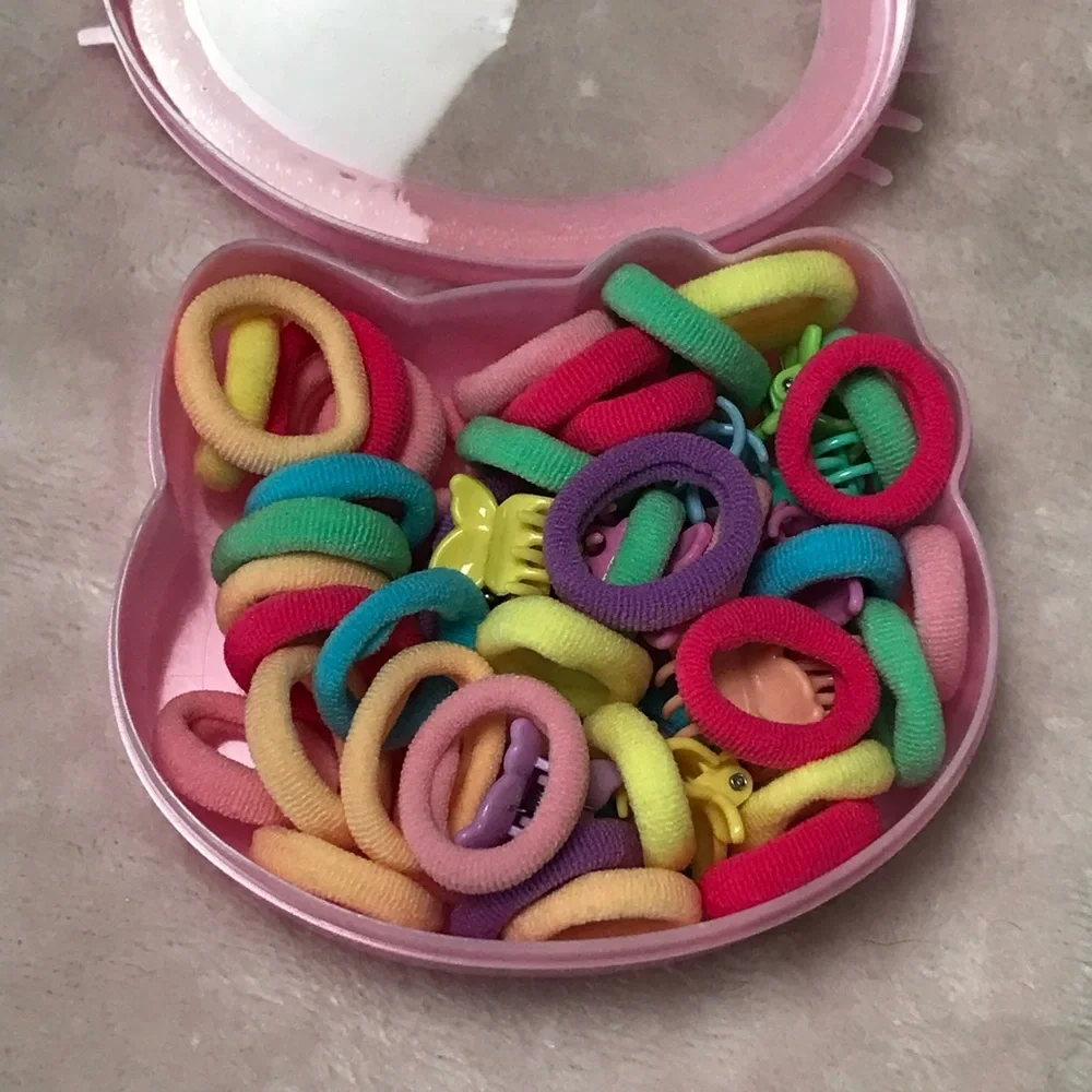 Multicolor Bow Hair Tie Set Hello Kitty Sanrio pink plastic container box New